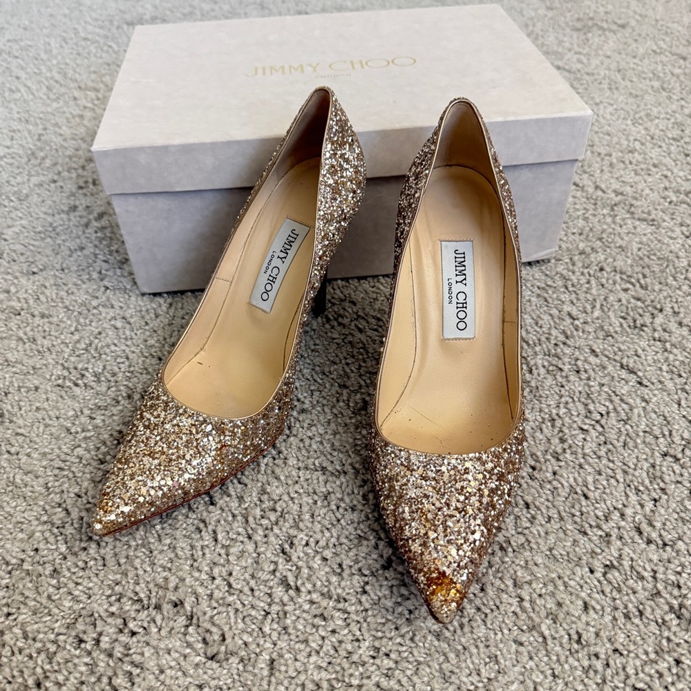 Jimmy Choo Abel Gold Glitter Pointed Pumps